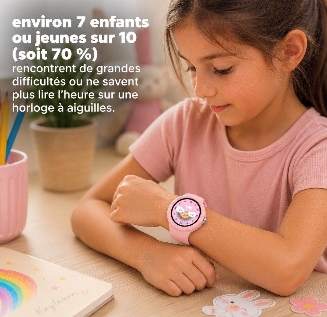 Fillette portant la montre éducative parlante Keylearn Watch au poignet