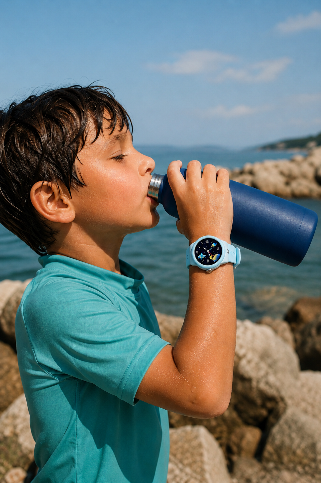 Garçon portant la montre éducative parlante Keylearn Watch au poignet